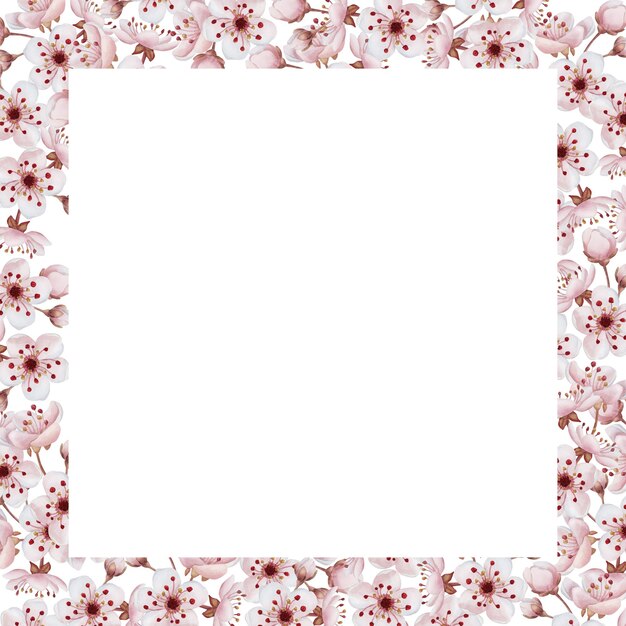 Frame with cherry blossom watercolor isolated illustration Spring pink flowers for table textile