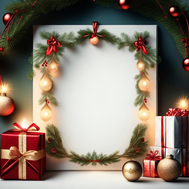 A frame with christmas decorations and a red ribbon