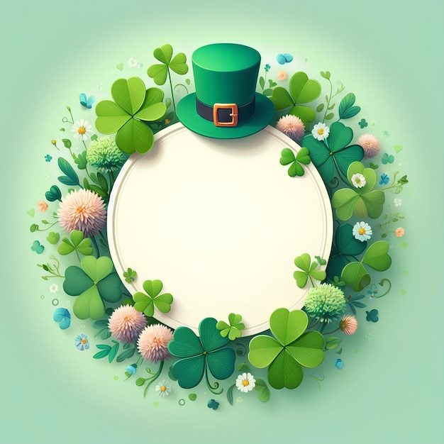 frame with clover plant flowers and clover leaves and green Patricks hat and empty center on green