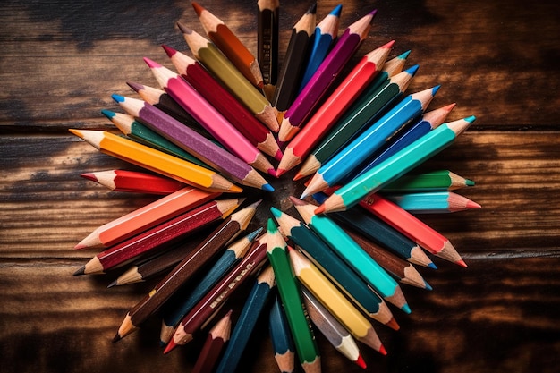 Frame with a collection of colored pencils on a wooden table