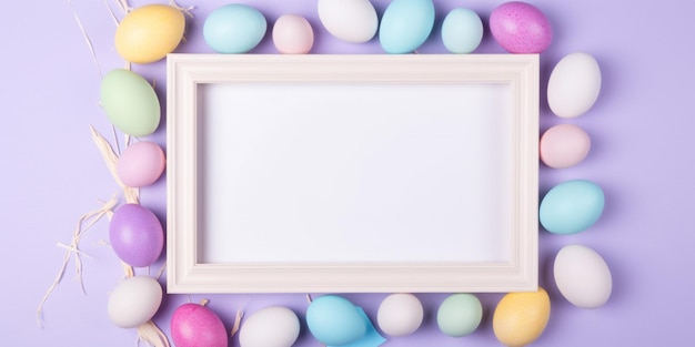 A frame with colorful easter eggs on a purple background