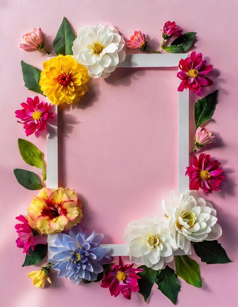 Foto cornice con fiori colorati su sfondo rosa pastello chiaro disegno di biglietto di auguri per le vacanze