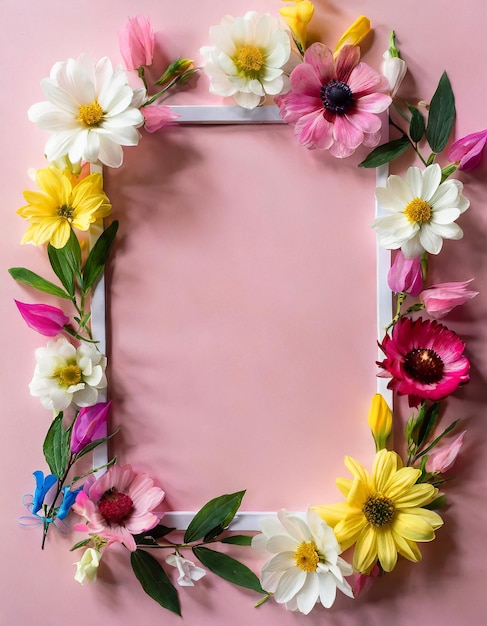 Photo frame with colorful flowers on clear pastel pink background greeting card design for holiday