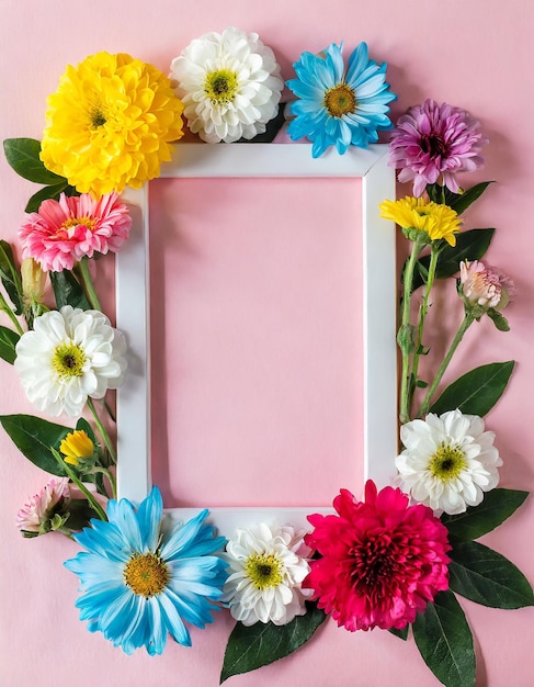 Foto cornice con fiori colorati su sfondo rosa pastello chiaro disegno di biglietto di auguri per le vacanze