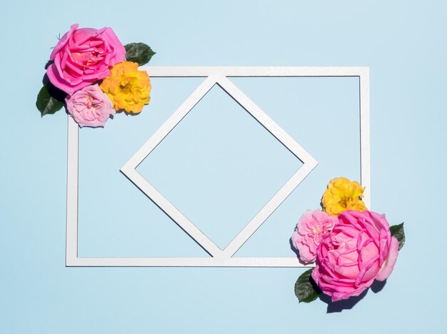 Frame with colorful rose flowers on sky blue background Flat lay Nature love concept Copy space