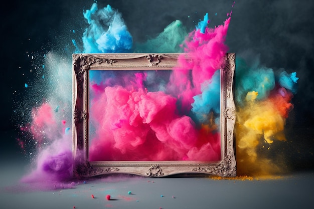 A frame with a colorful smoke cloud in the background