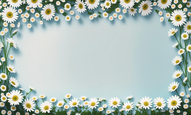 Photo frame with daisies on white background top view space for text