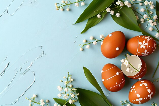 Frame with easter eggs and lily of the valley flowers on pastel blue background Happy Easter