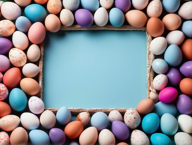 a frame with eggs in it and a blue background with a few eggs