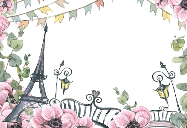 A frame with the Eiffel Tower lanterns a garland of flags and a bridge anemone flowers and eucalyptus twigs Watercolor illustration in sketch style with graphic elements from a large set of PARIS