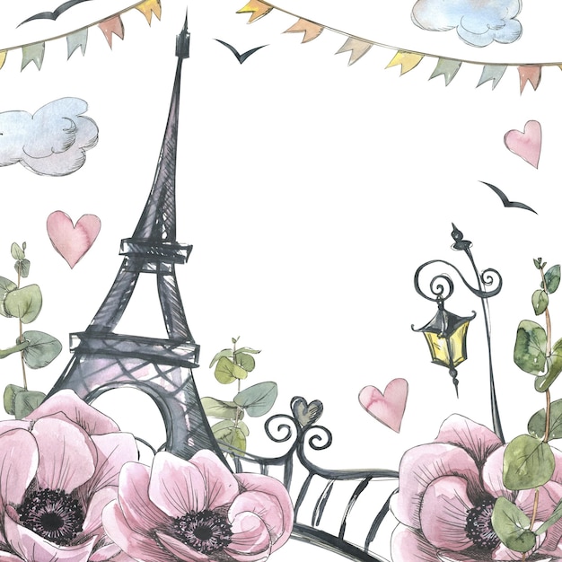 Photo a frame with the eiffel tower lanterns a garland of flags and a bridge anemone flowers