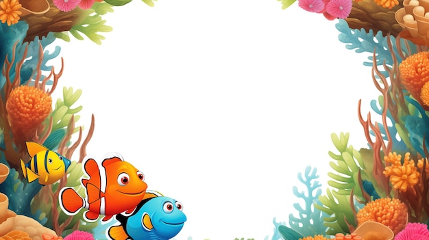 Photo frame with fishes underwater scene with coral reef and fish cartoon illustration