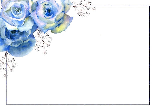 Frame with floral watercolor illustration blue roses on white isolated background bright flowers lea...