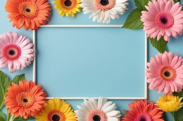 a frame with flowers on it and a blue background