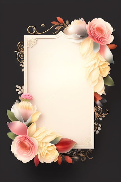 A frame with flowers and leaves on black background
