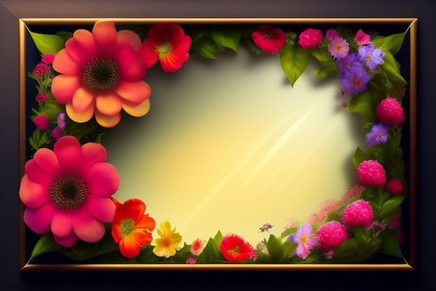 A frame with flowers and leaves in the center