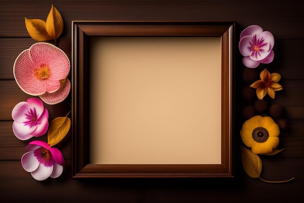 A frame with flowers and leaves on a dark background