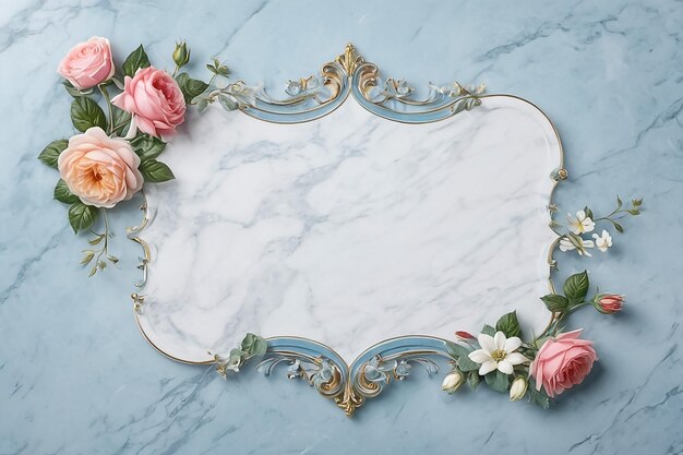 Photo frame with flowers on marble background