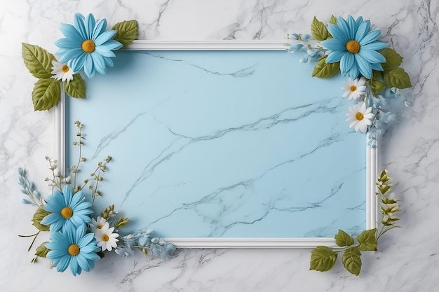 Photo frame with flowers on marble background