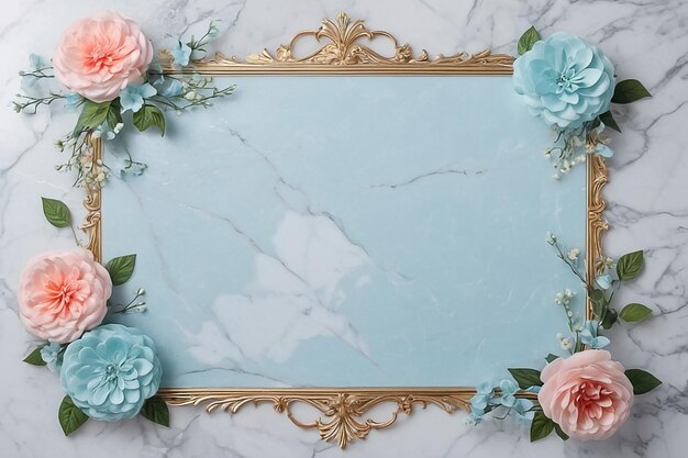 Photo frame with flowers on marble background