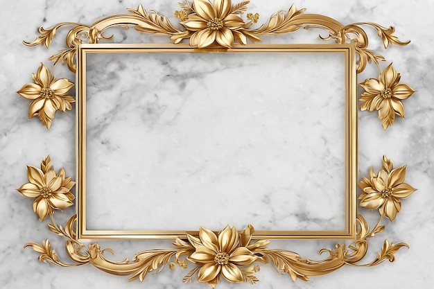 Photo frame with flowers on marble background