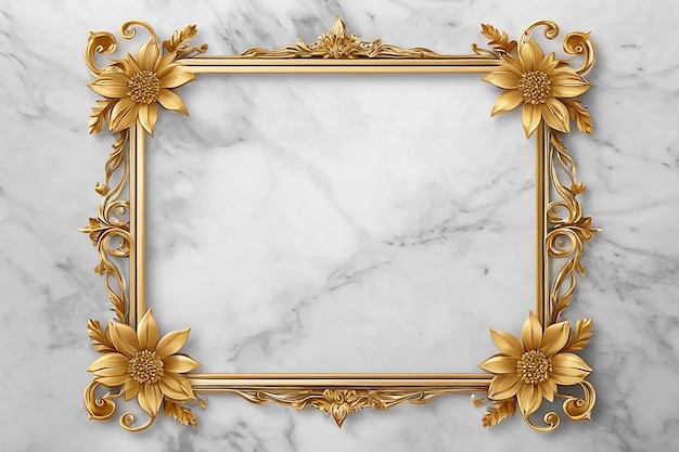 Photo frame with flowers on marble background