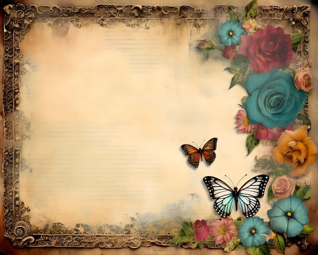 오래된 종이 배경에 꽃 두개골과 나비가 있는 프레임 자신만의 콘텐츠를 위한 장소