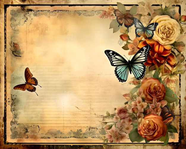 古い紙の背景に花の頭蓋骨と蝶のフレーム独自のコンテンツの場所