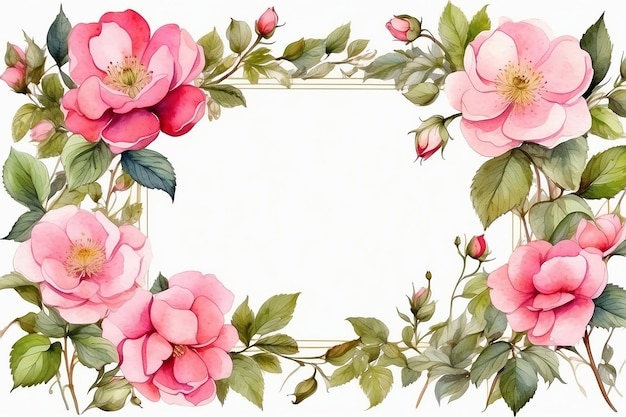 Photo frame with flowers of wild rose watercolor illustration