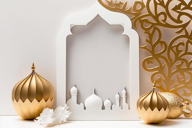 A frame with a gold design and a white background with a mosque in the middle.