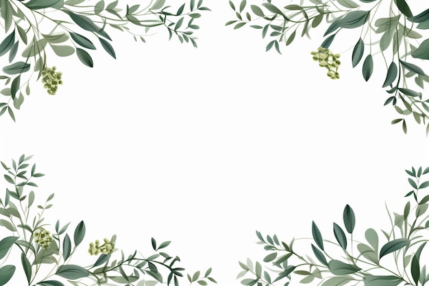 a frame with green leaves and berries on a white background
