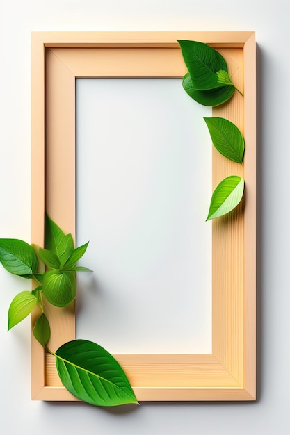 a frame with green leaves and a picture of a plant.