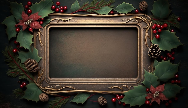 A frame with holly leaves and a red berries on it