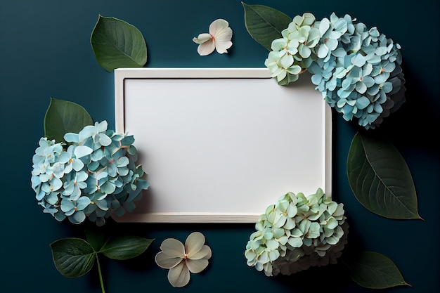 A frame with hydrangea flowers and leaves on a dark green background.