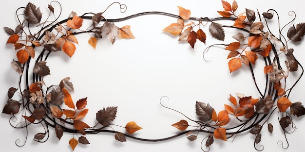 a frame with leaves and branches with a white background