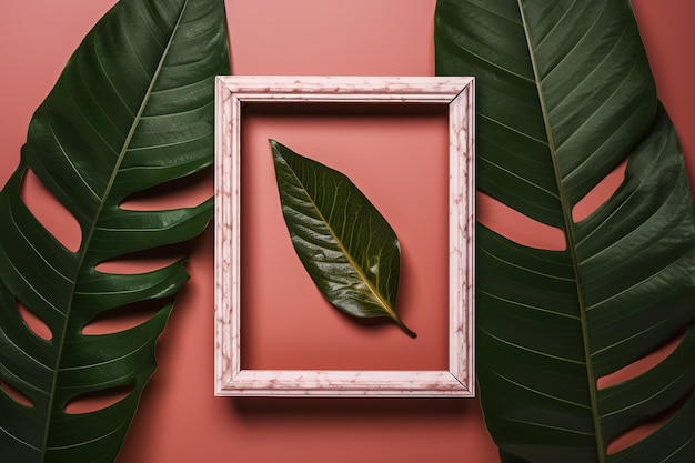 Photo frame with leaves flat lay of frame with leaf decoration ai generated