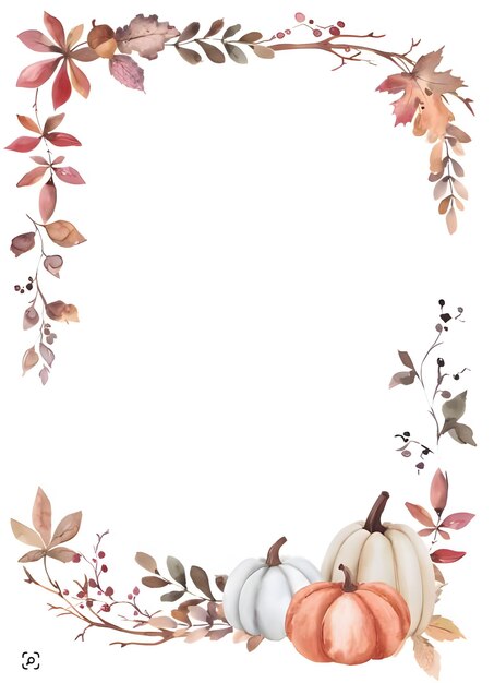 Photo frame with leaves vines and pumpkins on a white background