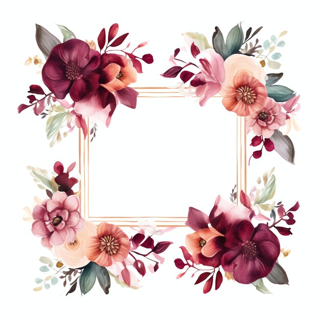 Photo frame with maroon flowers and leaves for invitationgreeting card or events