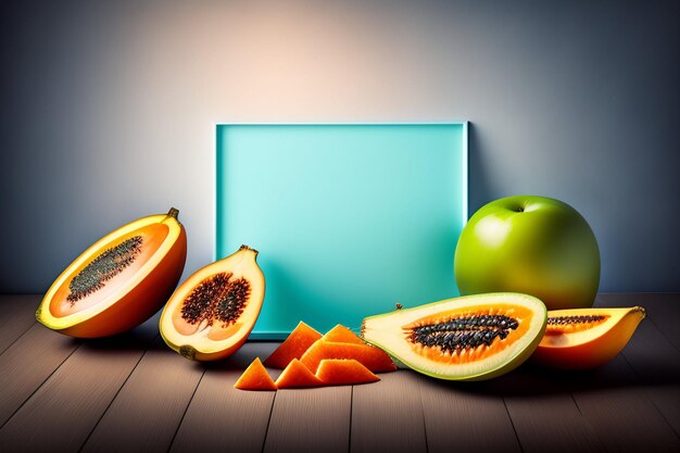 A frame with a picture of a papaya and a papaya on a wooden table.