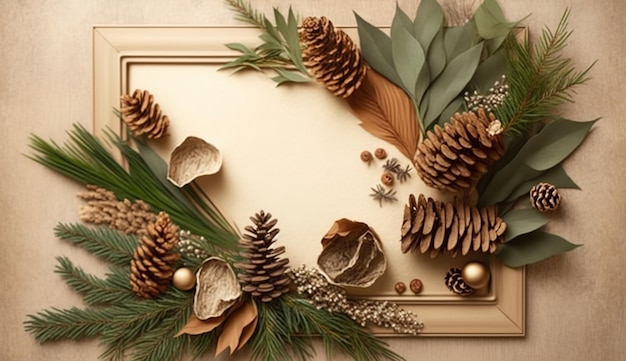 A frame with pine cones and berries on it