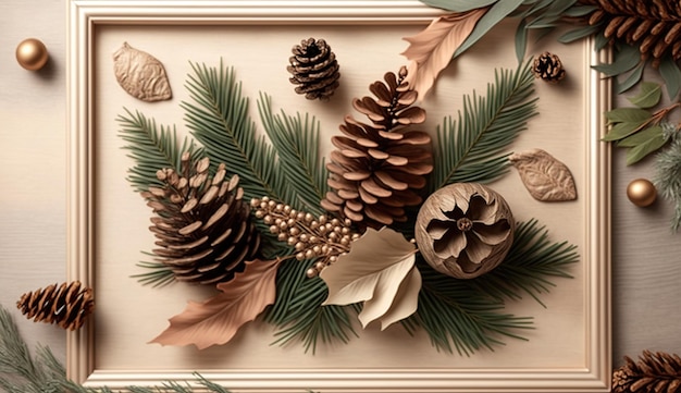 A frame with pine cones and leaves on it