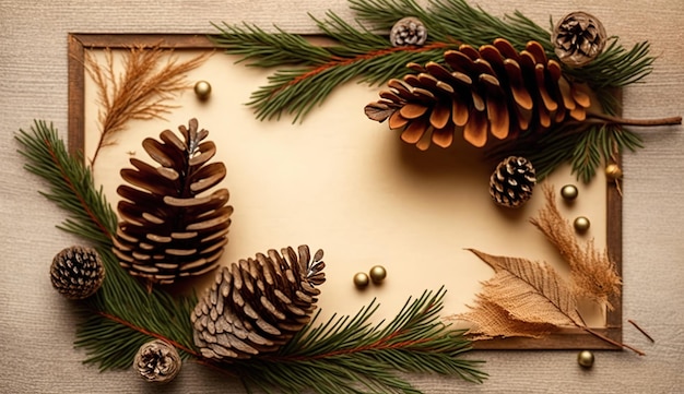 A frame with pine cones and pine cones on it