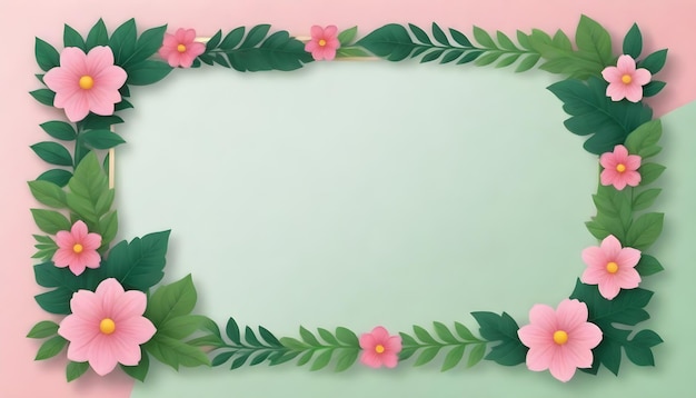 a frame with pink flowers and green leaves on it