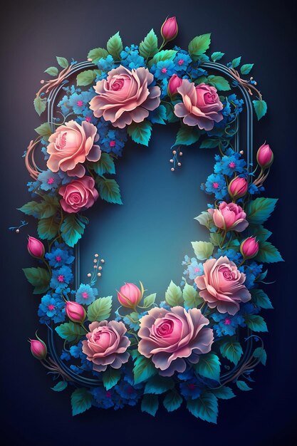 Frame with pink roses on blue background