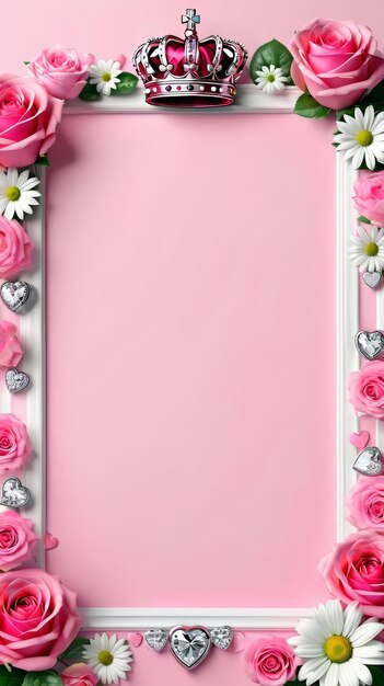 Frame With Pink Roses Daisies and Crown