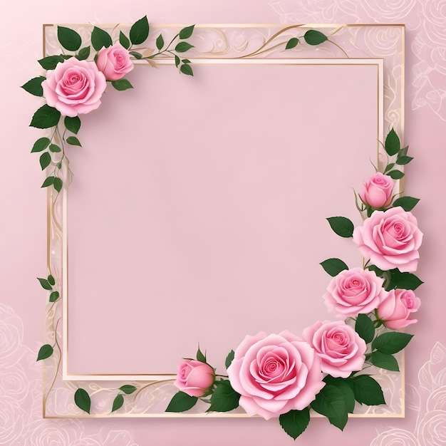 Photo a frame with pink roses and green leaves and a pink background