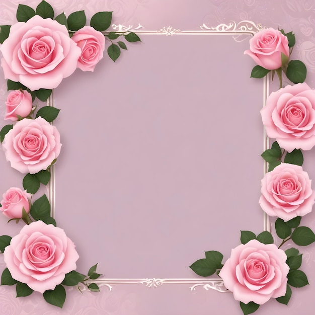 Foto una cornice con rose rosa e foglie verdi e uno sfondo rosa