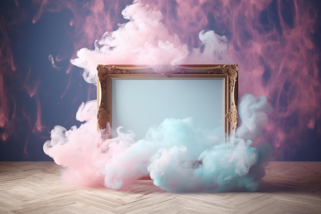 A frame with pink smoke and a blue background with a pink cloud.