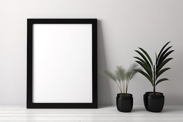 A frame with a plant on it is on a white shelf.