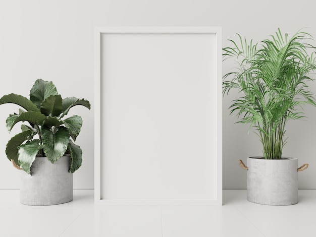 Frame with plant pot on white wall